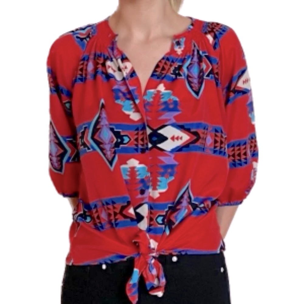 AQUA from Bloomingdale’s Red Patterned Blouse